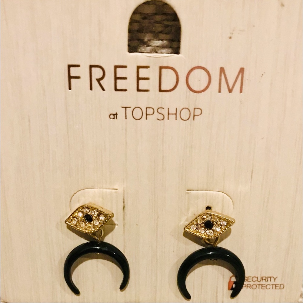 TopShop Crescent Earrings Evil Eye Half Moon Black Gold Tone Freedom